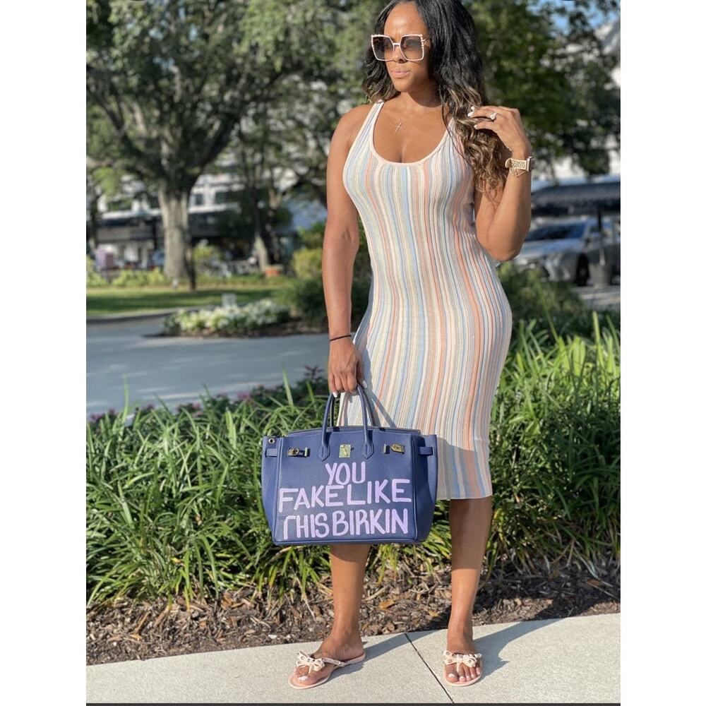 RONNY KOBO Pastel Colors Rakel Cream Striped Knit Bodycon Dress Size Large